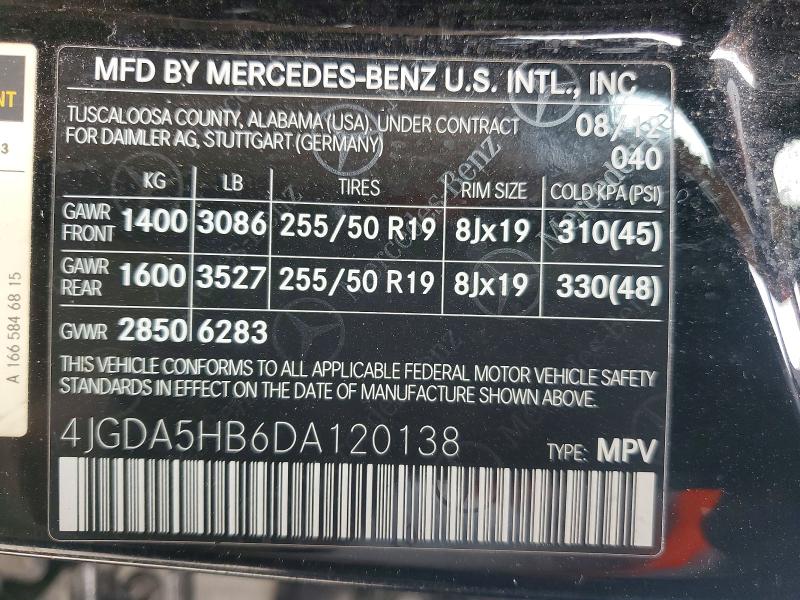 50363496 :رقم المزاد ، 4JGDA5HB6DA120138 vin ، 2013 Mercedes-benz Ml مزاد بيع