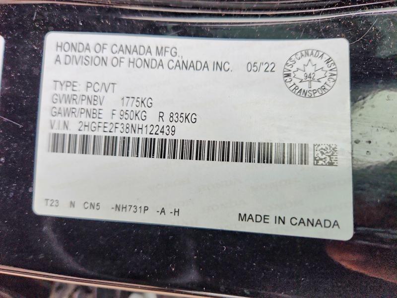 2022 Honda Civic მანქანა იყიდება აუქციონზე, vin: 2HGFE2F38NH122439, აუქციონის ნომერი: 49613256