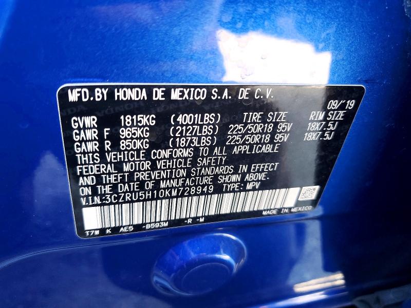 51461136 :رقم المزاد ، 3CZRU5H10KM728949 vin ، 2019 Honda Hr-v مزاد بيع