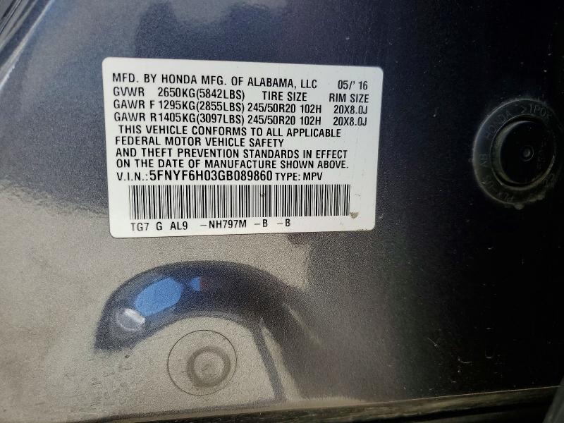 50298846 :رقم المزاد ، 5FNYF6H03GB089860 vin ، 2016 Honda Pilot مزاد بيع