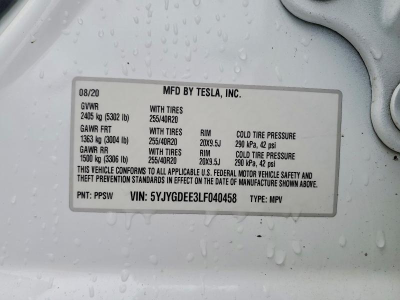 2020 Tesla Model Y მანქანა იყიდება აუქციონზე, vin: 5YJYGDEE3LF040458, აუქციონის ნომერი: 49373026