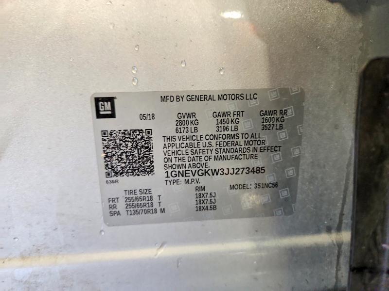Aukcja sprzedaży 2018 Chevrolet Traverse, vin: 1GNEVGKW3JJ273485, numer aukcji: 51300506