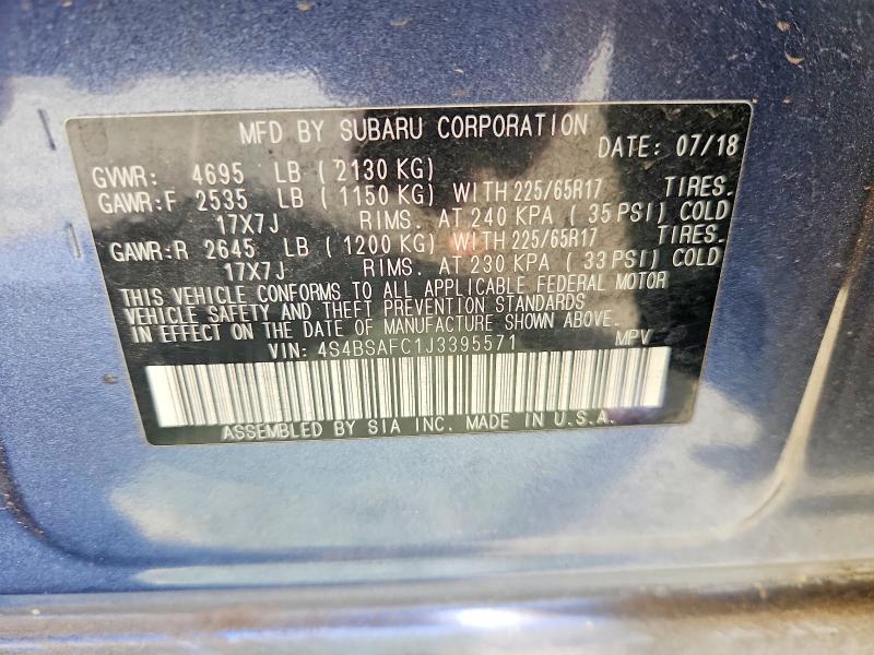 2018 Subaru Outback მანქანა იყიდება აუქციონზე, vin: 4S4BSAFC1J3395571, აუქციონის ნომერი: 51372516
