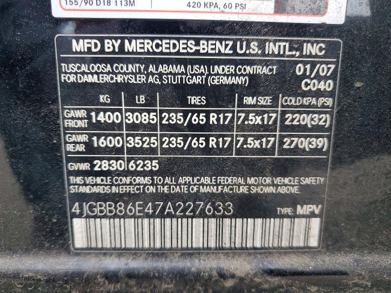 2007 Merz M-class მანქანა იყიდება აუქციონზე, vin: 4JGBB86E47A227633, აუქციონის ნომერი: 50279286