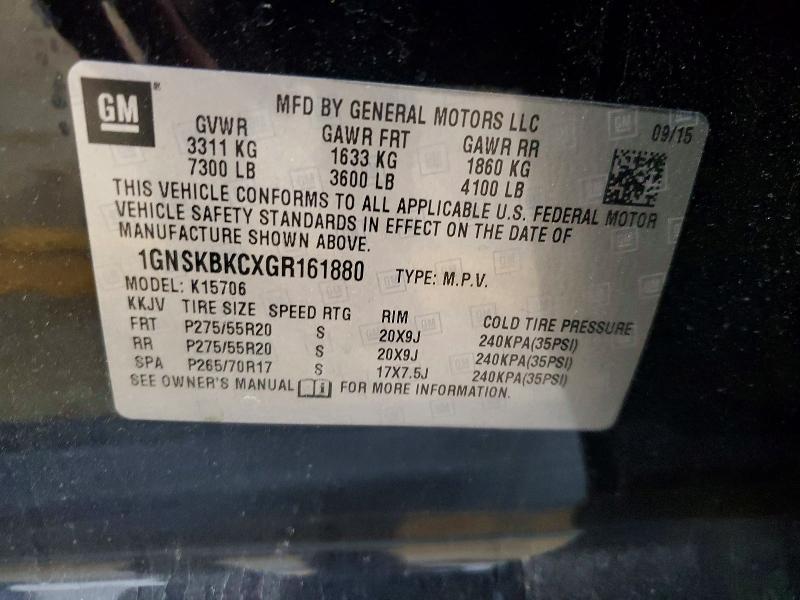 2016 Chevrolet Tahoe მანქანა იყიდება აუქციონზე, vin: 1GNSKBKCXGR161880, აუქციონის ნომერი: 49267136