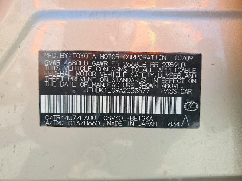 50944986 :رقم المزاد ، JTHBK1EG9A2353677 vin ، 2010 Lexus Es مزاد بيع