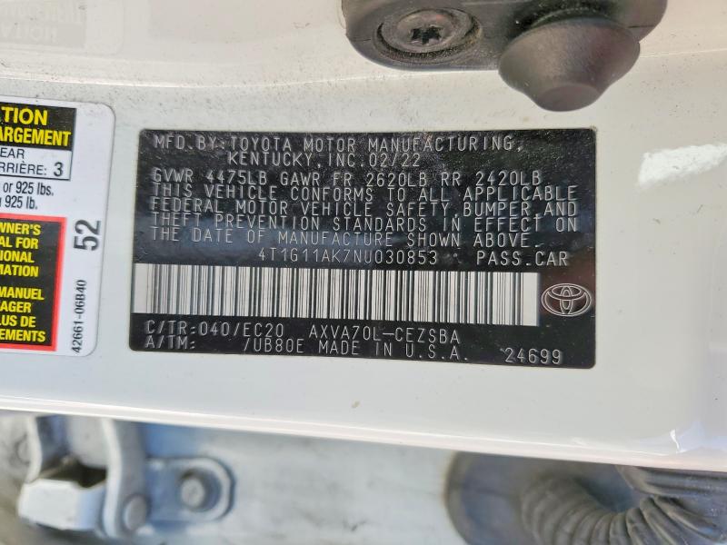 48794026 :رقم المزاد ، 4T1G11AK7NU030853 vin ، 2022 Toyota Camry مزاد بيع