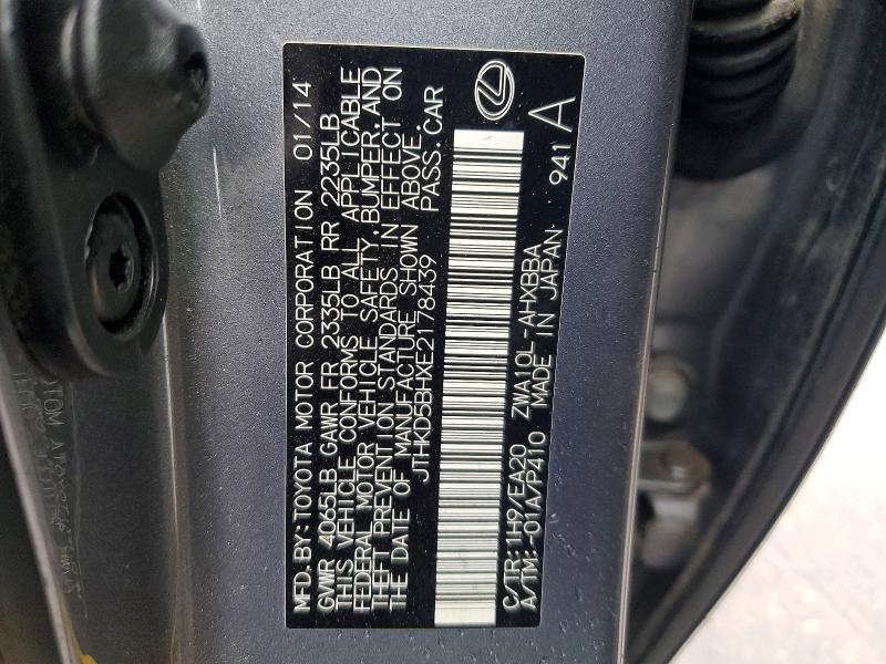 50262866 :رقم المزاد ، JTHKD5BHXE2178439 vin ، 2014 Lexus Ct مزاد بيع
