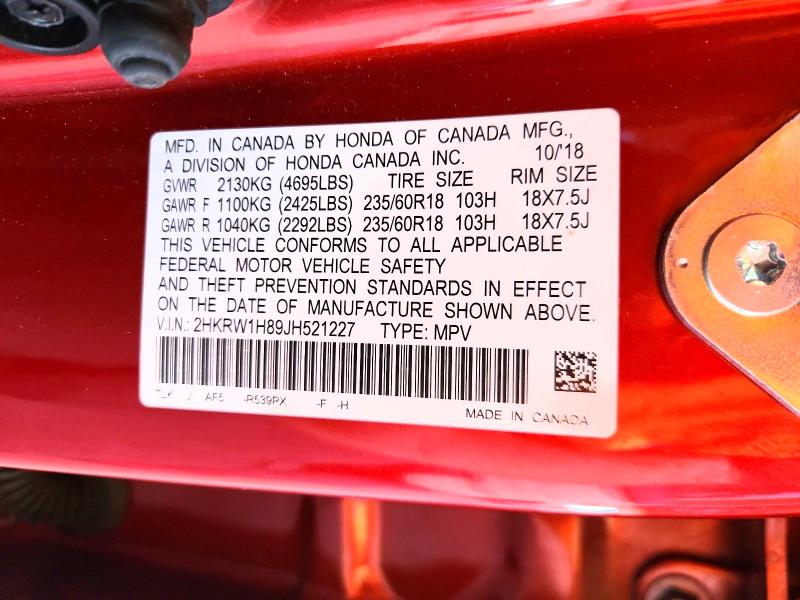 2018 Honda Cr-v მანქანა იყიდება აუქციონზე, vin: 2HKRW1H89JH521227, აუქციონის ნომერი: 52022486