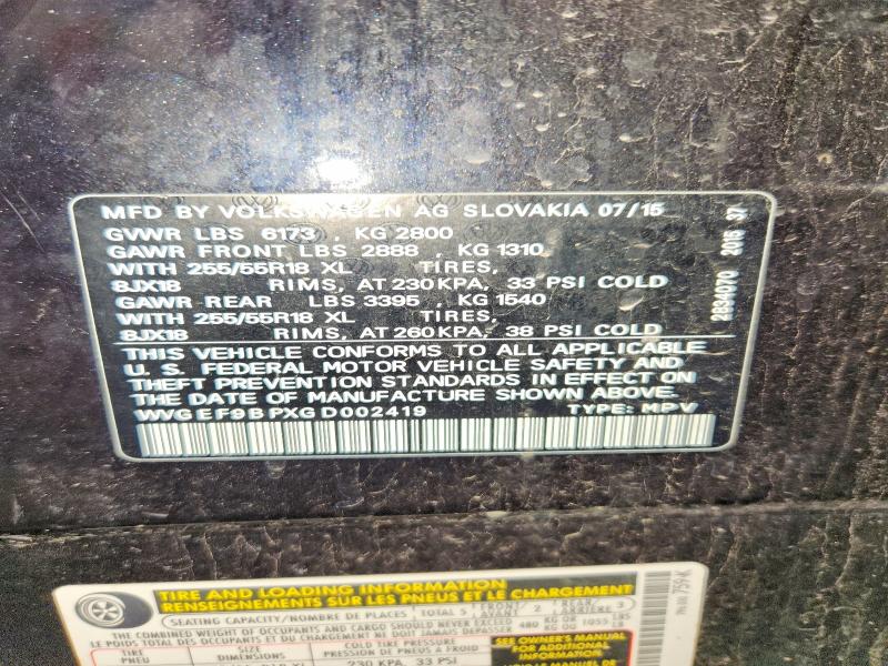 50469216 :رقم المزاد ، WVGEF9BPXGD002419 vin ، 2016 Volkswagen Touareg مزاد بيع