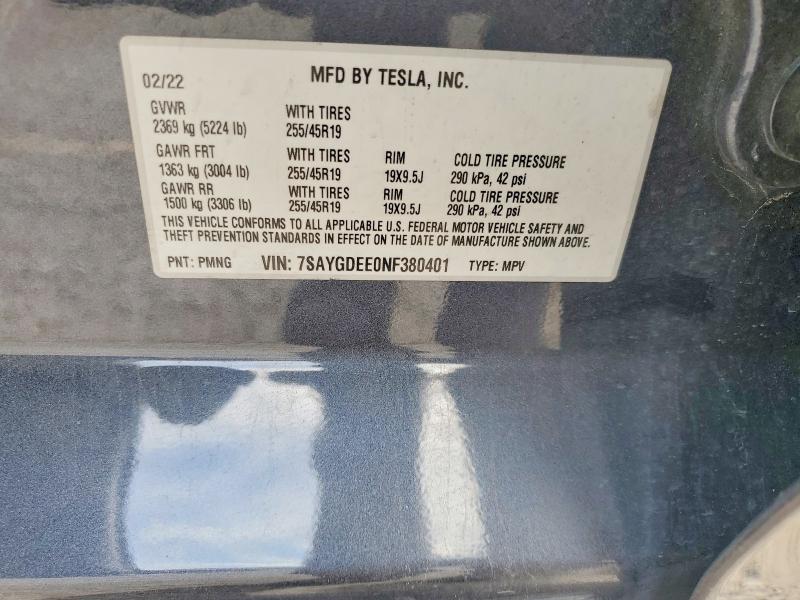 Продажа на аукционе авто 2022 Tesla Model Y, vin: 7SAYGDEE0NF380401, номер лота: 48817096