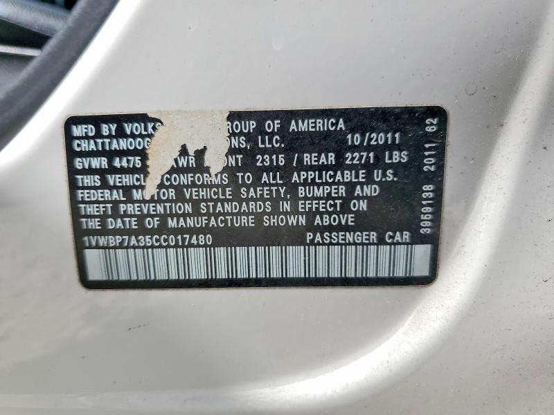 Продаж на аукціоні авто 2012 Volkswagen Passat, vin: 1VWBP7A35CC017480, номер лоту: 49806796