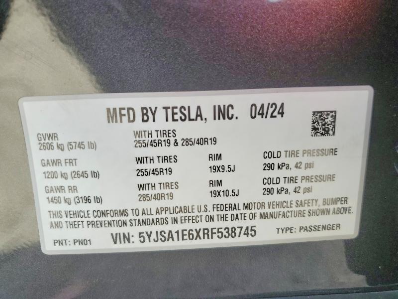 2024 Tesla Model S მანქანა იყიდება აუქციონზე, vin: 5YJSA1E6XRF538745, აუქციონის ნომერი: 48969586
