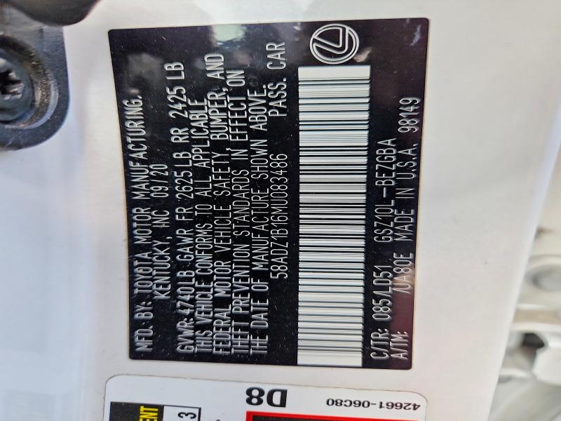 Aukcja sprzedaży 2021 Lexus Es 350, vin: 58ADZ1B16MU083486, numer aukcji: 48298886