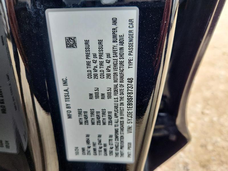 51151266 :رقم المزاد ، 5YJ3E1EB9SF873748 vin ، 2025 Tesla Model 3 مزاد بيع