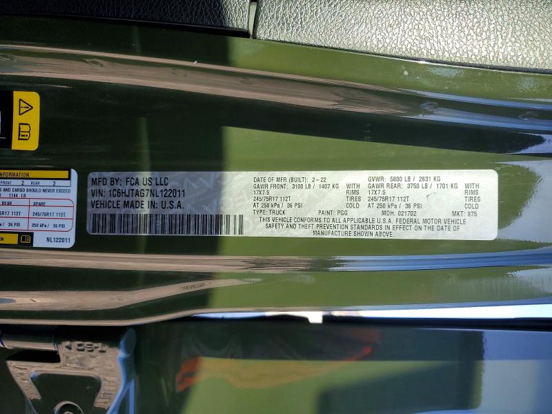 Aukcja sprzedaży 2022 Jeep Gladiator, vin: 1C6HJTAG7NL122011, numer aukcji: 50238286