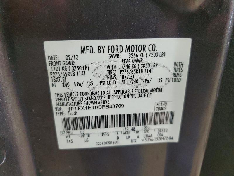 2013 Ford F150 მანქანა იყიდება აუქციონზე, vin: 1FTFX1ET0DFB43709, აუქციონის ნომერი: 51248186