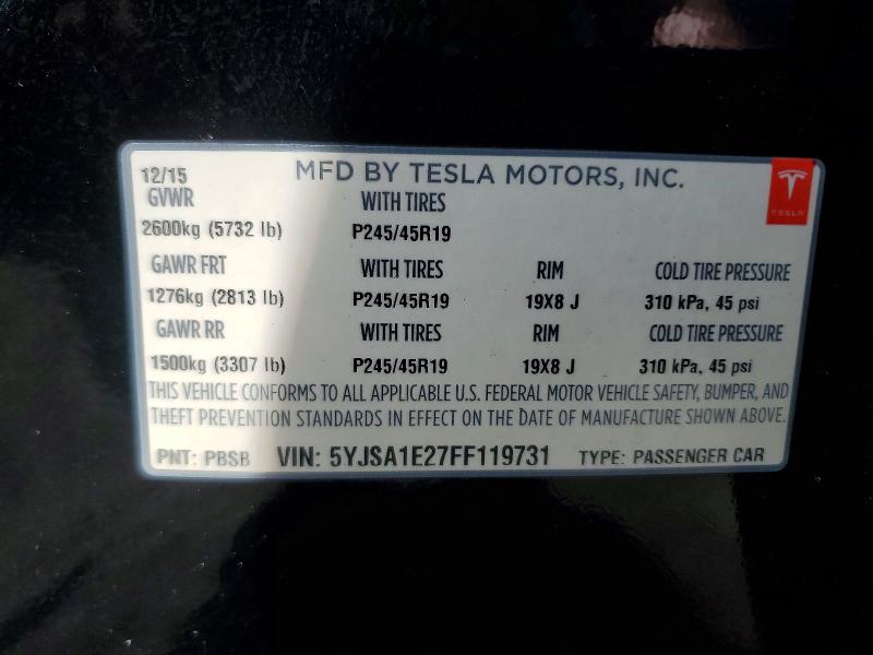 Aukcja sprzedaży 2015 Tesla Model S, vin: 5YJSA1E27FF119731, numer aukcji: 50298746