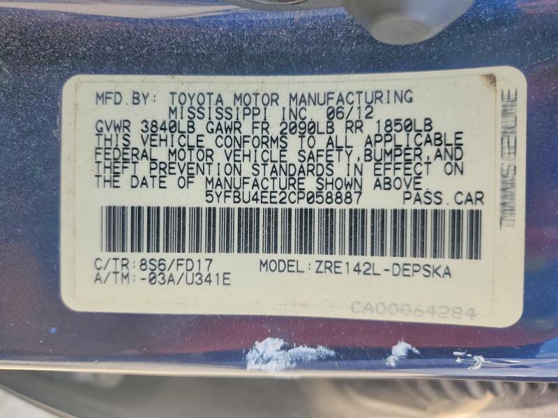 50836596 :رقم المزاد ، 5YFBU4EE2CP058887 vin ، 2012 Toyota Corolla مزاد بيع