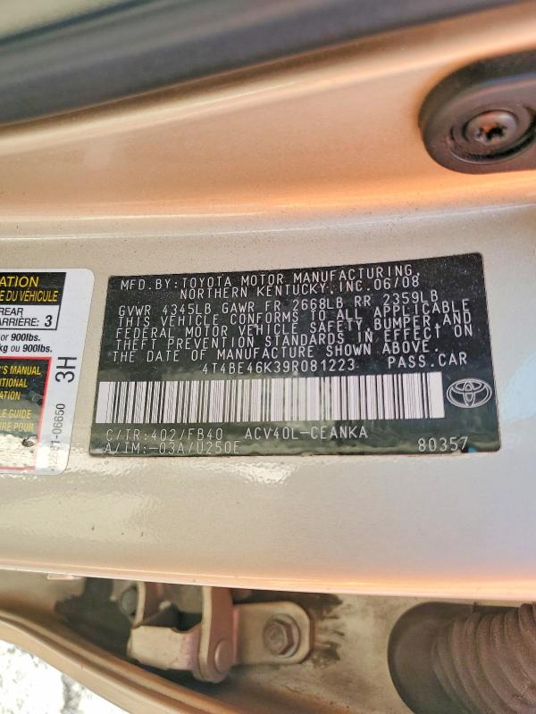 50118206 :رقم المزاد ، 4T4BE46K39R081223 vin ، 2009 Toyota Camry مزاد بيع