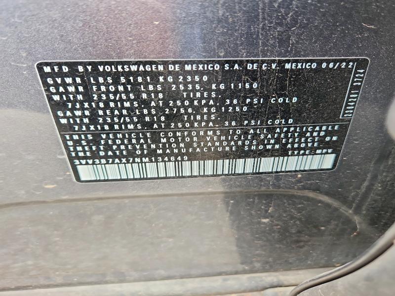 2022 Volkswagen Tiguan მანქანა იყიდება აუქციონზე, vin: 3VV3B7AX7NM134649, აუქციონის ნომერი: 51507486