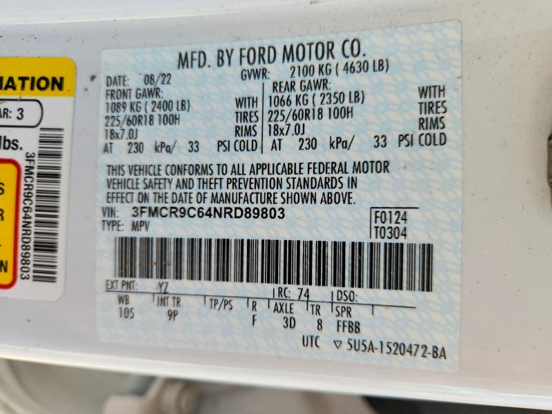 Auction sale of the 2022 Ford Bronco Sport, vin: 3FMCR9C64NRD89803, lot number: 50950916