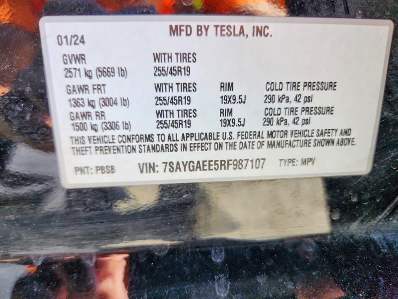 2024 Tesla Model Y მანქანა იყიდება აუქციონზე, vin: 7SAYGAEE5RF987107, აუქციონის ნომერი: 50238256