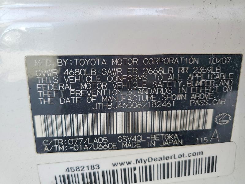 Продажа на аукционе авто 2008 Lexus Es 350, vin: JTHBJ46G082182461, номер лота: 48671906