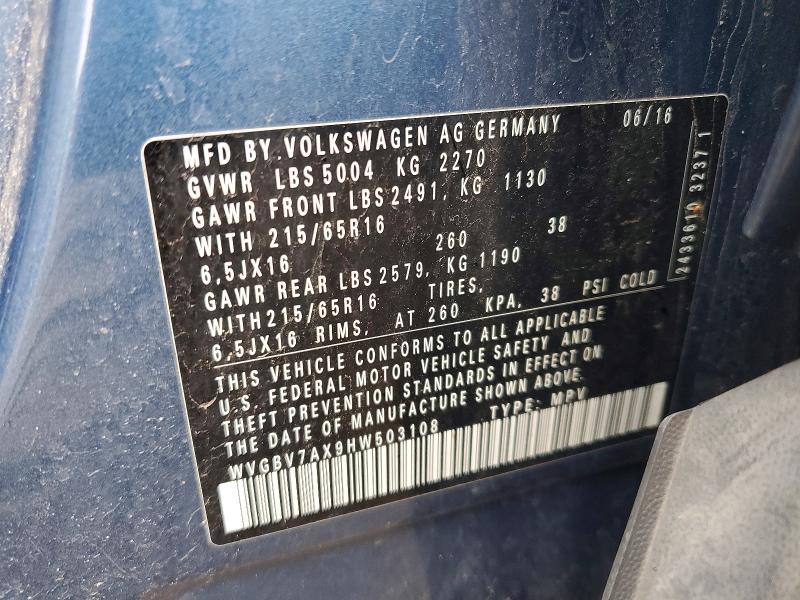 50123776 :رقم المزاد ، WVGBV7AX9HW503108 vin ، 2017 Volkswagen Tiguan مزاد بيع