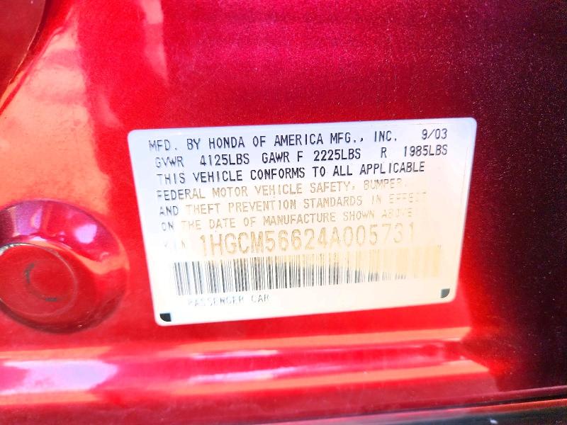 Продаж на аукціоні авто 2004 Honda Accord, vin: 1HGCM56624A005731, номер лоту: 49826096