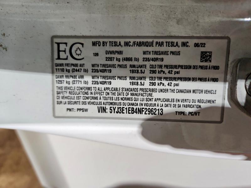 Aukcja sprzedaży 2022 Tesla Model 3, vin: 5YJ3E1EB4NF296213, numer aukcji: 50639476