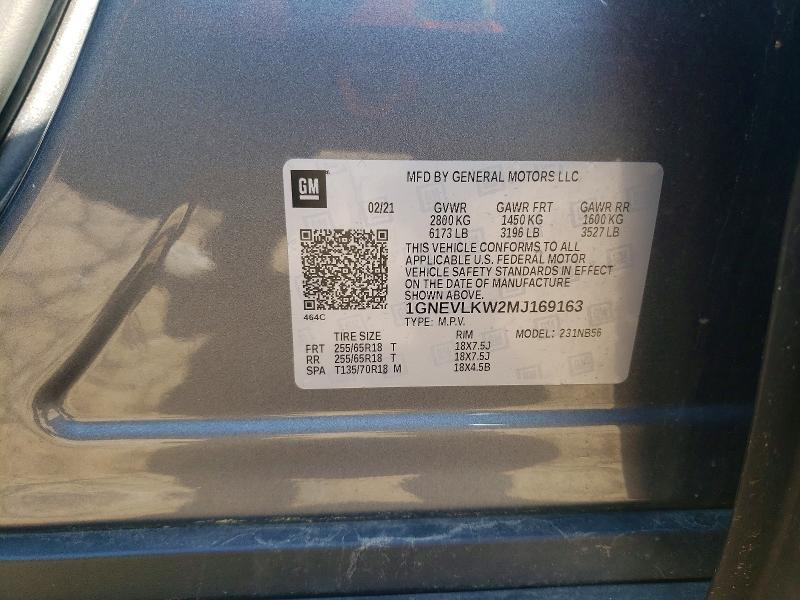 Aukcja sprzedaży 2021 Chevrolet Traverse, vin: 1GNEVLKW2MJ169163, numer aukcji: 50817446