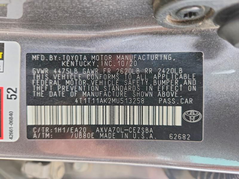 Продажа на аукционе авто 2021 Toyota Camry, vin: 4T1T11AK2MU513258, номер лота: 50792036