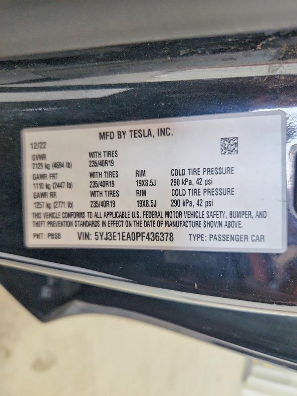 50197626 :رقم المزاد ، 5YJ3E1EA0PF436378 vin ، 2023 Tesla Model 3 مزاد بيع