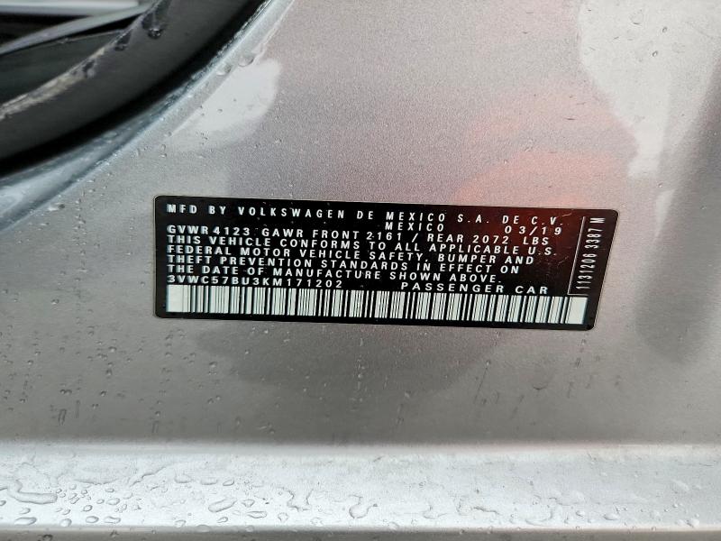 2019 Volkswagen Jetta მანქანა იყიდება აუქციონზე, vin: 3VWC57BU3KM171202, აუქციონის ნომერი: 50594296