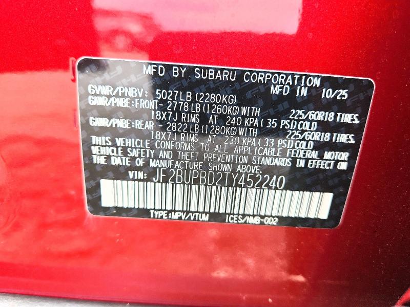 Aukcja sprzedaży 2026 Subaru Outback, vin: JF2BUPBD2TY452240, numer aukcji: 50622096
