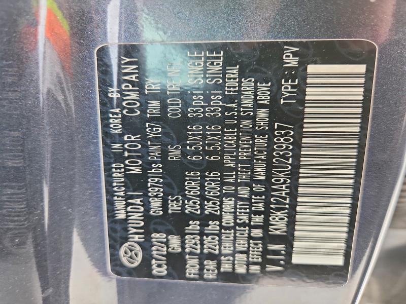 50643066 :رقم المزاد ، KM8K12AA9KU239837 vin ، 2019 Hyundai Kona مزاد بيع
