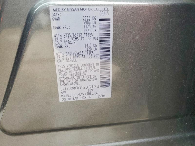 52027506 :رقم المزاد ، 5N1AL0MM3FC535173 vin ، 2015 Infiniti Qx60 مزاد بيع