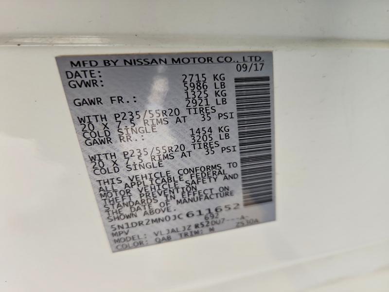 2018 Nissan Pathfinder მანქანა იყიდება აუქციონზე, vin: 5N1DR2MN0JC611652, აუქციონის ნომერი: 50852746