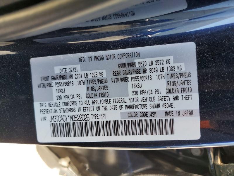 2021 Mazda Cx-9 მანქანა იყიდება აუქციონზე, vin: JM3TCACY1M0522029, აუქციონის ნომერი: 49274856