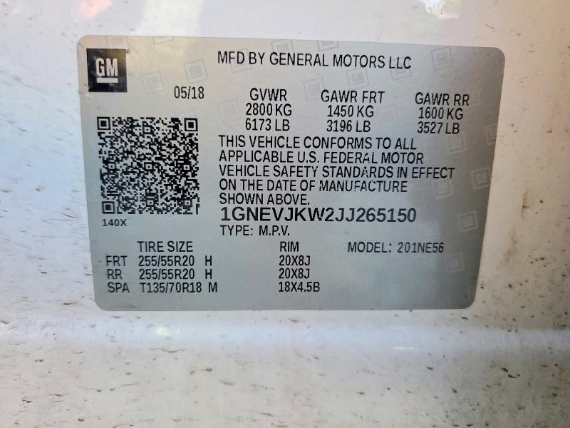 Продаж на аукціоні авто 2018 Chevrolet Traverse, vin: 1GNEVJKW2JJ265150, номер лоту: 50545096