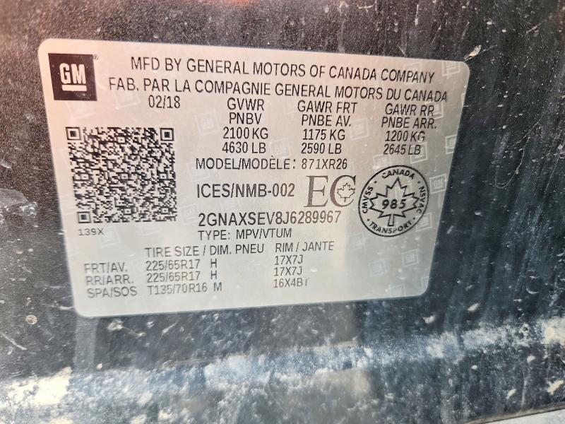 Auction sale of the 2018 Chevrolet Equinox, vin: 2GNAXSEV8J6289967, lot number: 50525746