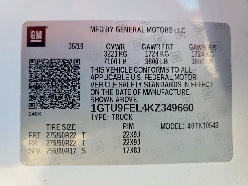 49111476 :رقم المزاد ، 1GTU9FEL4KZ349660 vin ، 2019 Gmc Sierra مزاد بيع