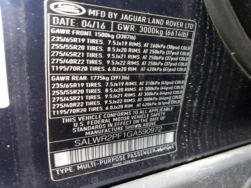 Aukcja sprzedaży 2016 Land Rover Range Rover Sport, vin: SALWR2PF1GA590972, numer aukcji: 49716516