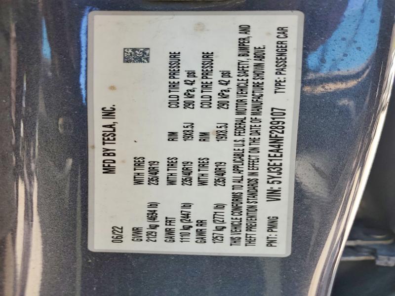 50471466 :رقم المزاد ، 5YJ3E1EA4NF289107 vin ، 2022 Tesla Model 3 مزاد بيع