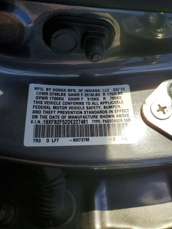 2013 Honda Civic მანქანა იყიდება აუქციონზე, vin: 19XFB2F52DE227481, აუქციონის ნომერი: 50297246