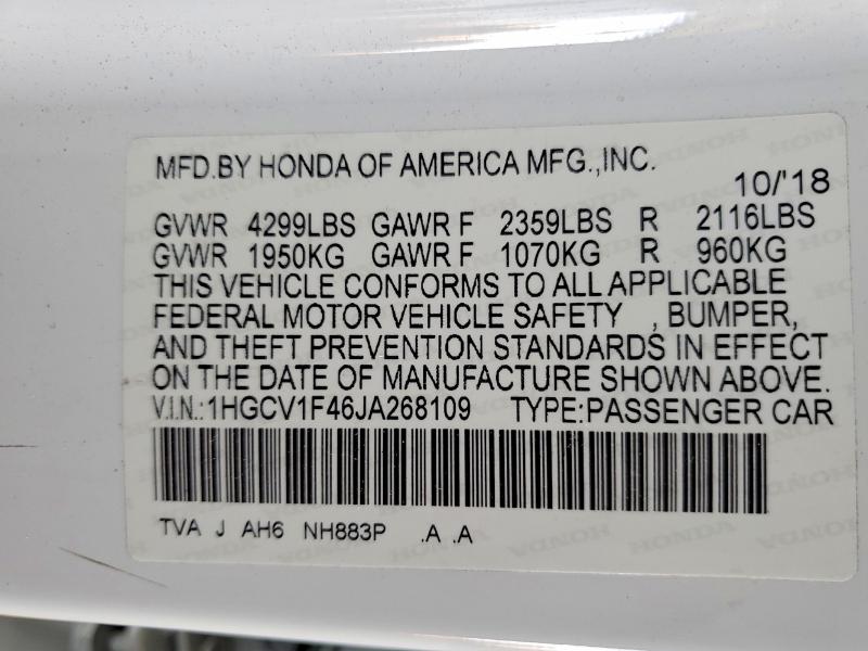 51009756 :رقم المزاد ، 1HGCV1F46JA268109 vin ، 2018 Honda Accord مزاد بيع