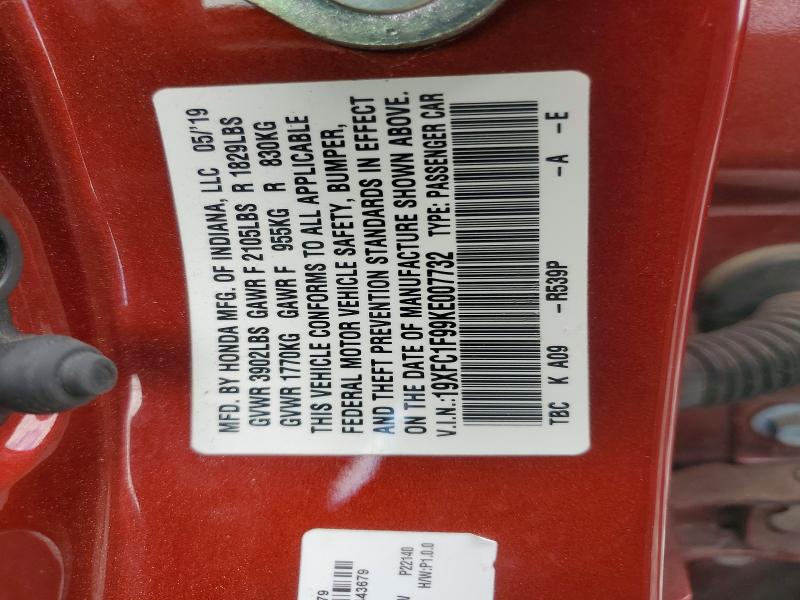 Aukcja sprzedaży 2019 Honda Civic, vin: 19XFC1F99KE007732, numer aukcji: 50567076