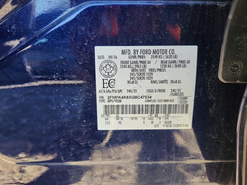 2016 Ford Edge მანქანა იყიდება აუქციონზე, vin: 2FMPK4K8XGBC47534, აუქციონის ნომერი: 50371626