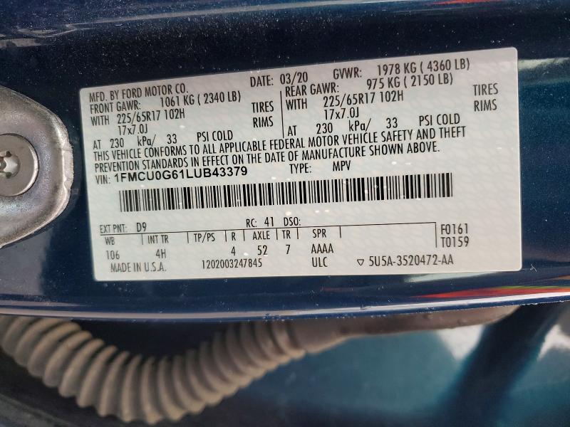 53669376 :رقم المزاد ، 1FMCU0G61LUB43379 vin ، 2020 Ford Escape مزاد بيع